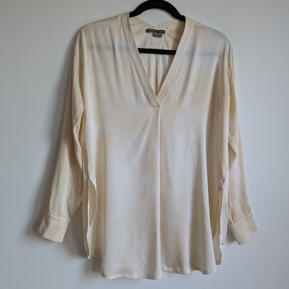 Vince Butter Yellow Tie Dye V Neck Silk Tunic Top Size XS